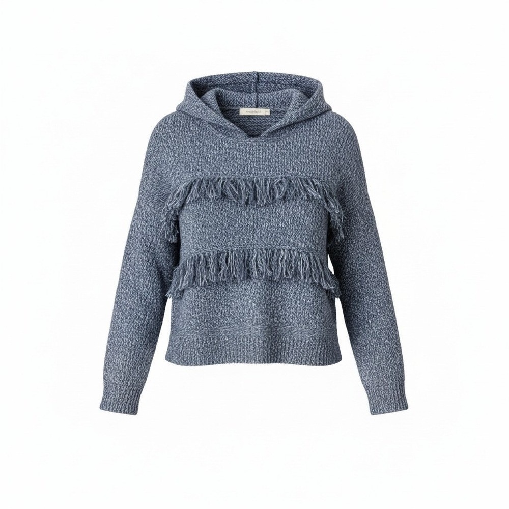 Abercrombie Kids Fringe Hoodie 7/8 Blue Boho Cozy Knit Sweater Marled Casual